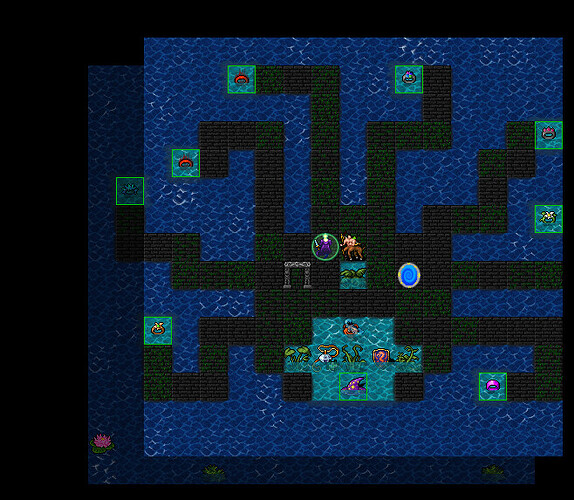An octopode shaped trove featuring 8 rings at the end of tentacles made of dungeon floor.