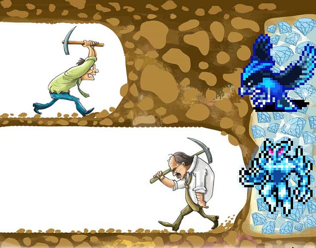 Never give up/ digging for diamonds meme. Two tunnelers dig looking for rewards. The rewards chamber includes ice fiends and shard shrikes. One tunneler digs excitedly to the reward chamber. The other stopped just before reaching the rewards and walks away dejectedly.